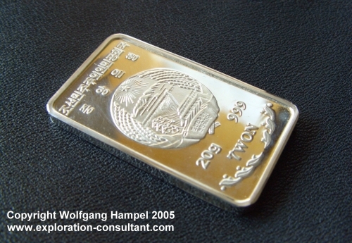 State Refinery Pyongyang: silver bar (front side), 20 gram, 999 fineness